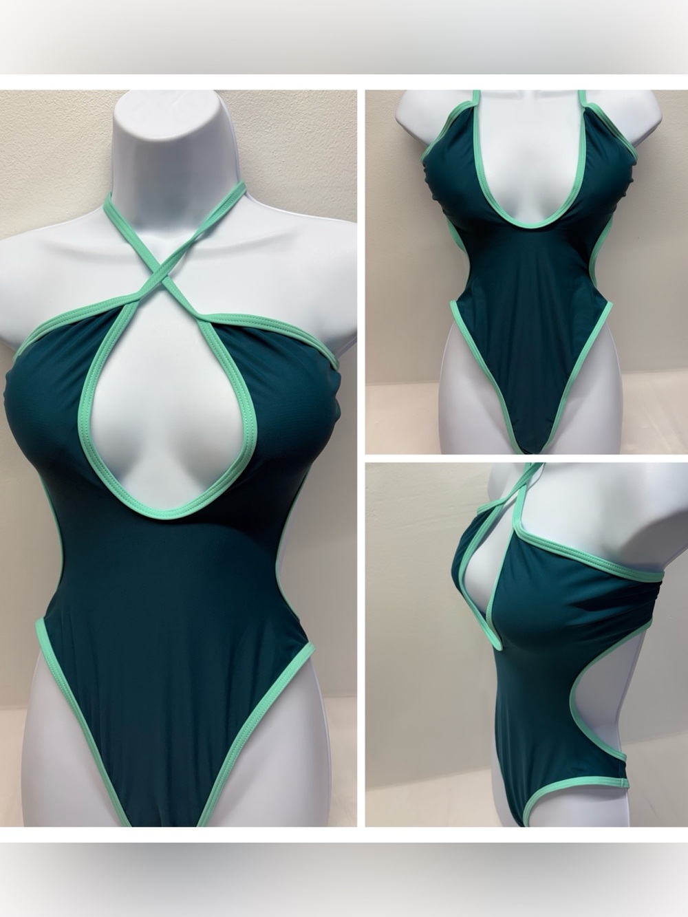 Women Teal Cutout One-Piece Swimsuit with Mint Trim size Medium high cut leg new